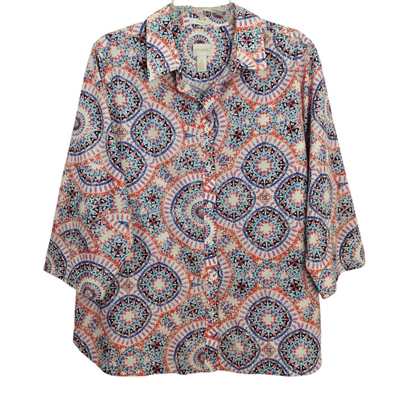 Chico's No Iron Sunburst Button Front Top Size XL / 3 Colorful Cotton 3/4 Sleeve - Picture 2 of 9
